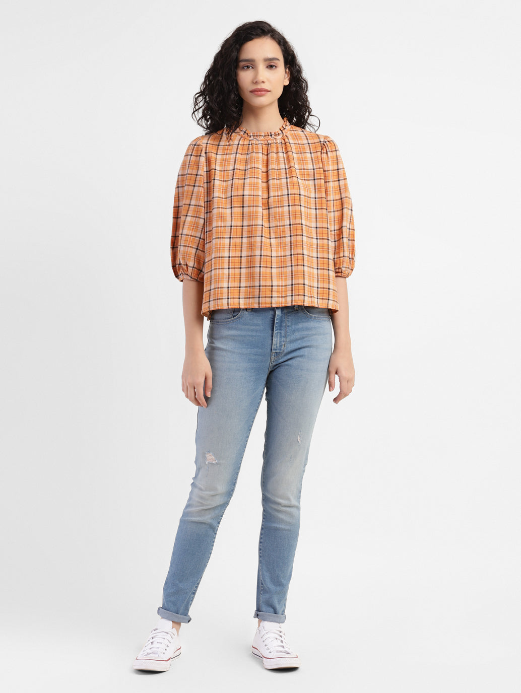 Women's Checkered Band Neck Top