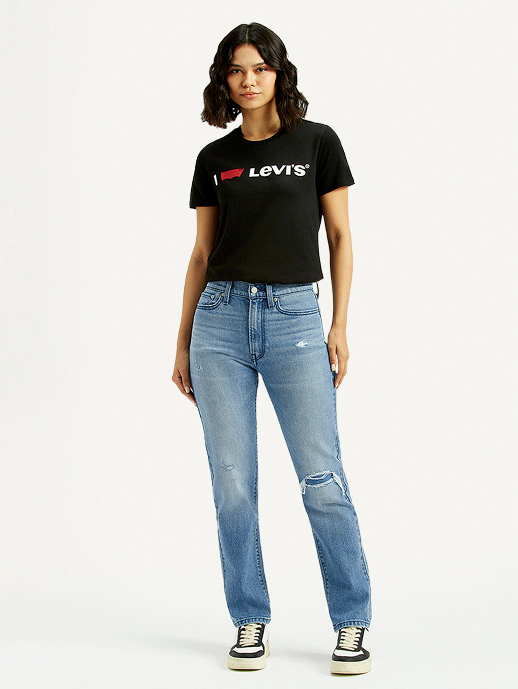 Women's Light Blue Wedgie Straight Fit Mid Rise Jeans - Front View