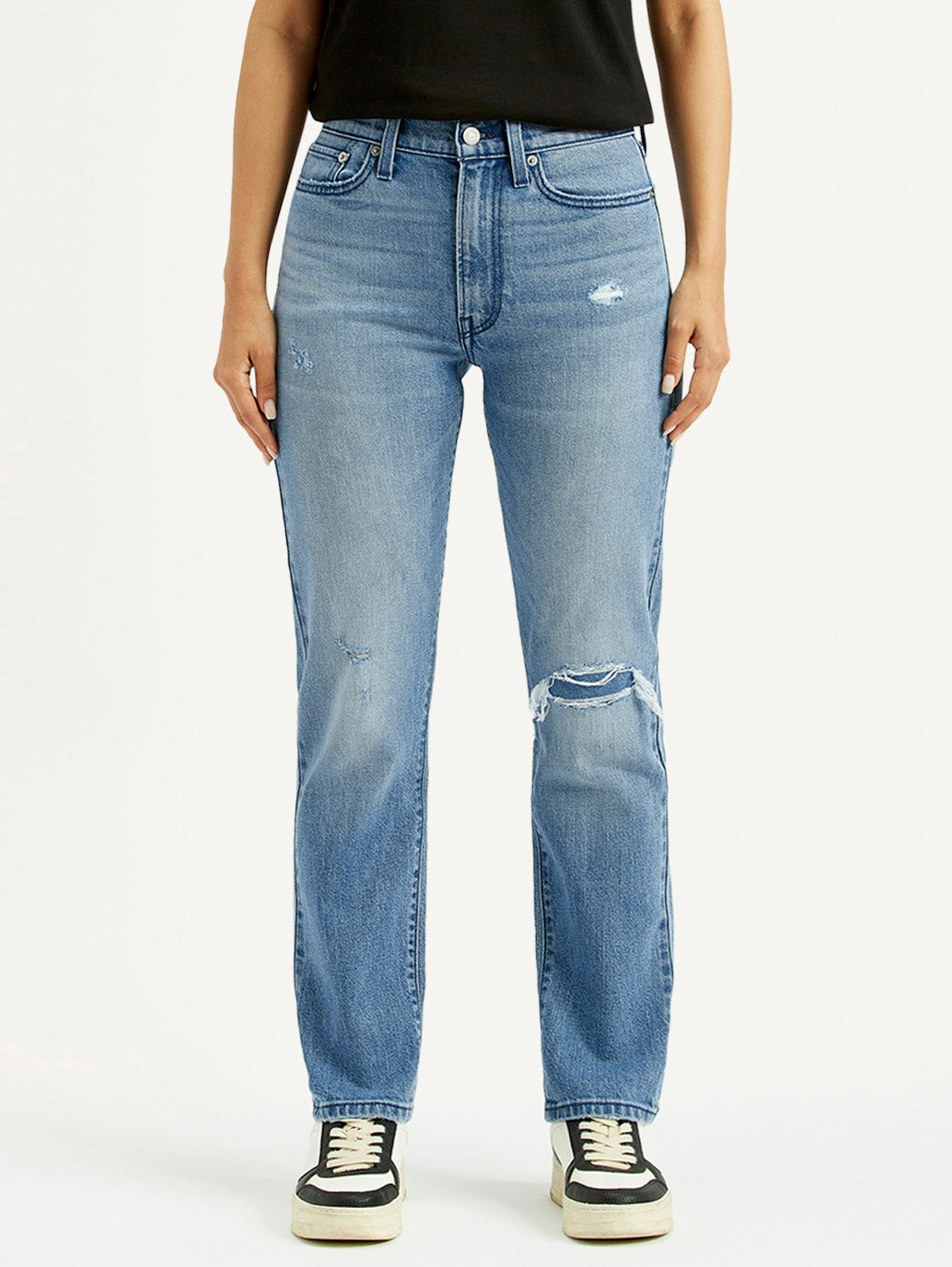 Women's Light Blue Wedgie Straight Fit Mid Rise Jeans - Front View