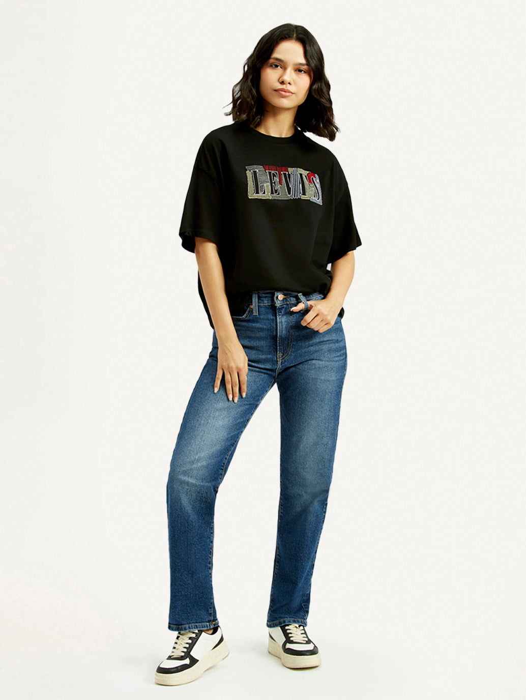 Women's Blue Wedgie Straight Fit Mid Rise Jeans - Styleshot View