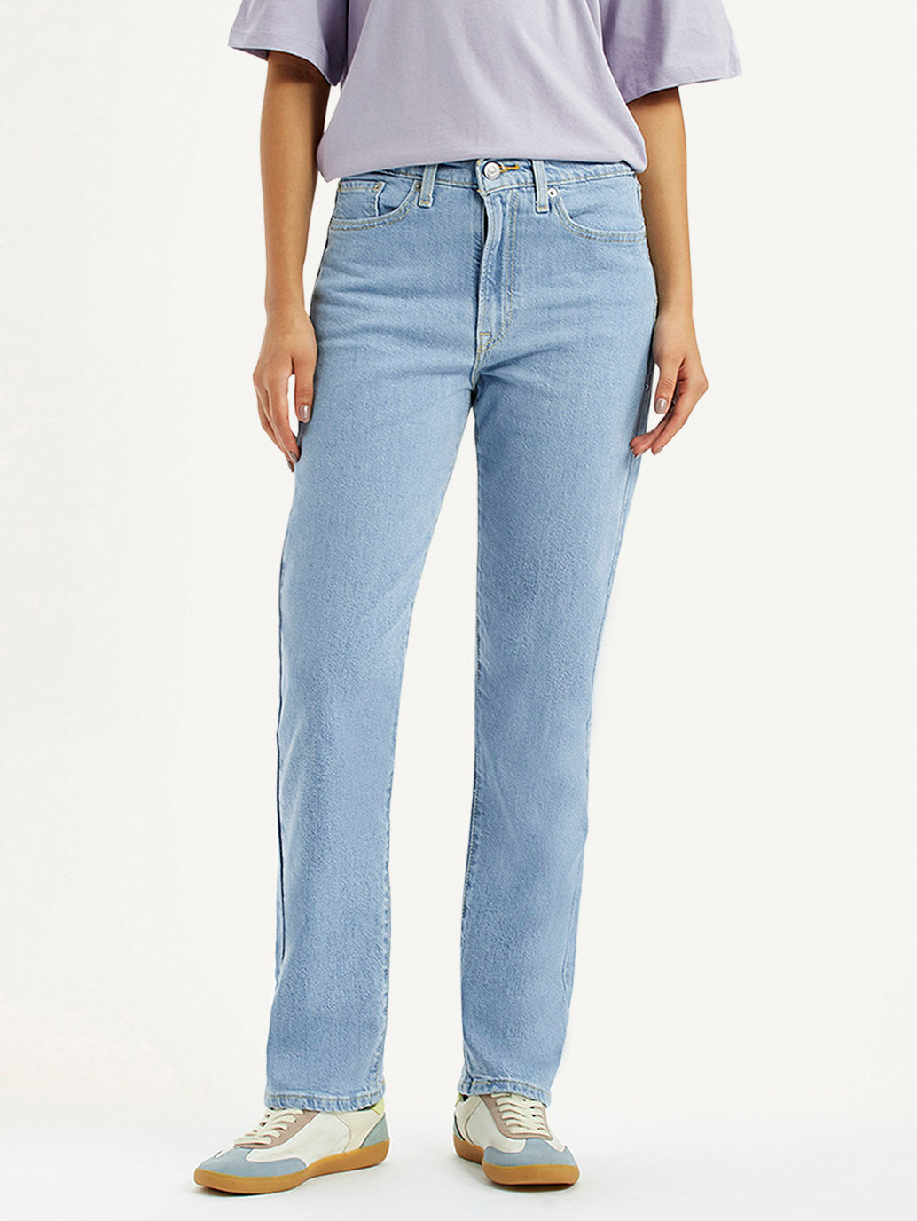 Women's Light Blue Wedgie Straight Fit Mid Rise Jeans - Front View