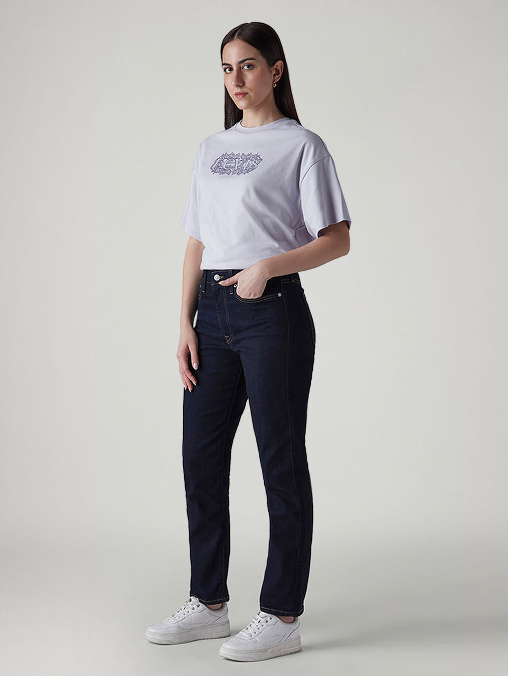 Women's Dark Indigo Wedgie Straight Fit High Rise Jeans - Side View