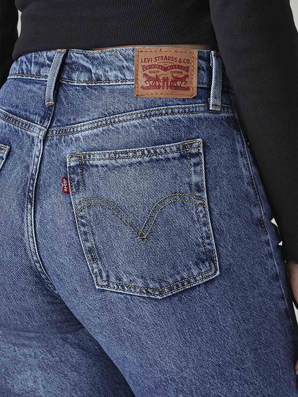 Women's Med Indigo Wedgie Straight Fit High Rise Jeans - Detail View