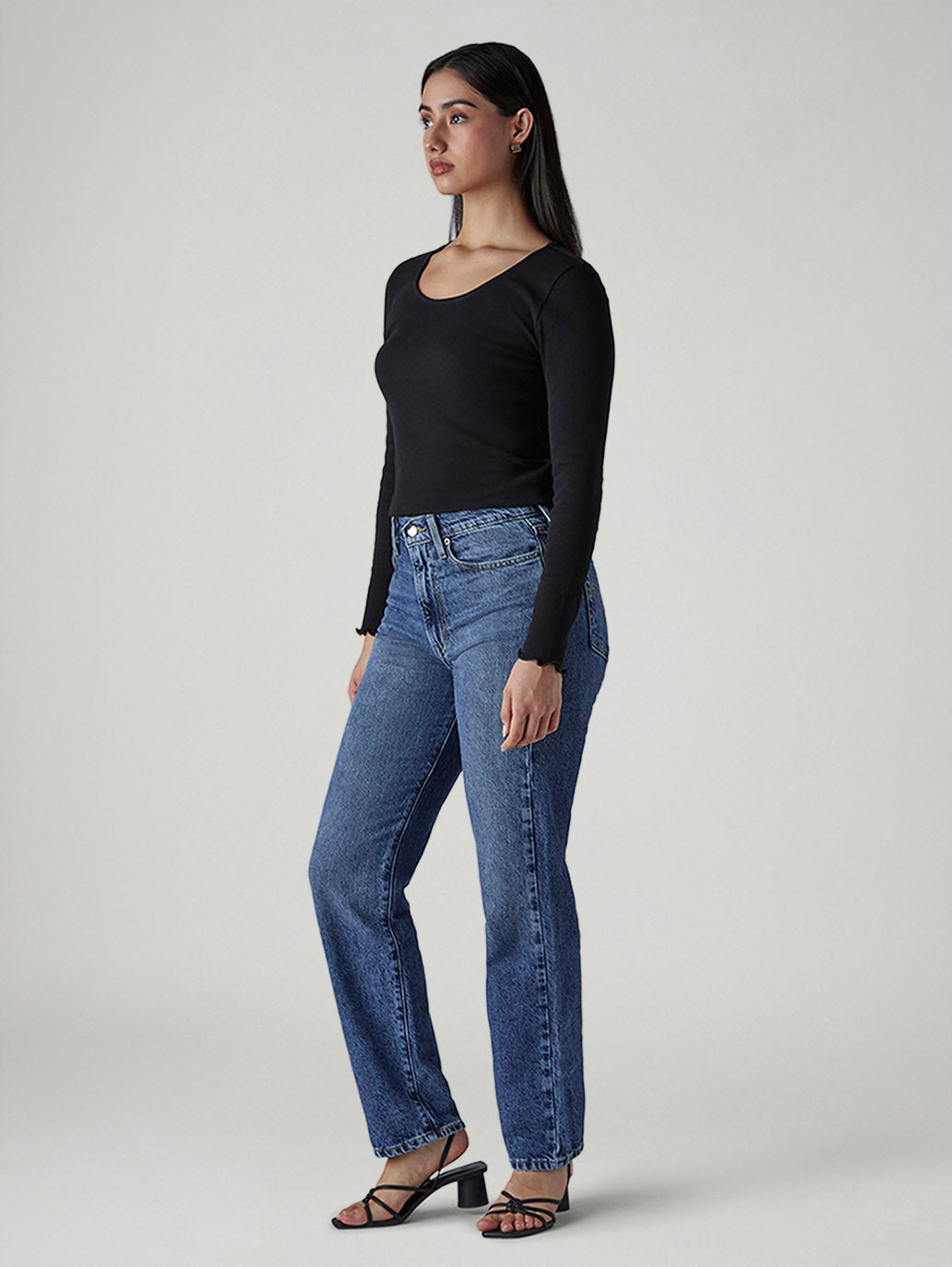 Women's Med Indigo Wedgie Straight Fit High Rise Jeans - Side View