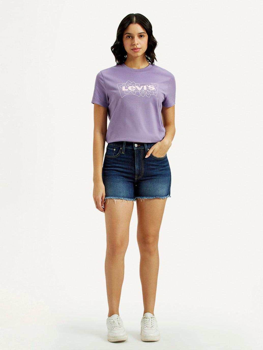 Women's Med Indigo Mid Rise Denim Wedgie Shorts - Front View