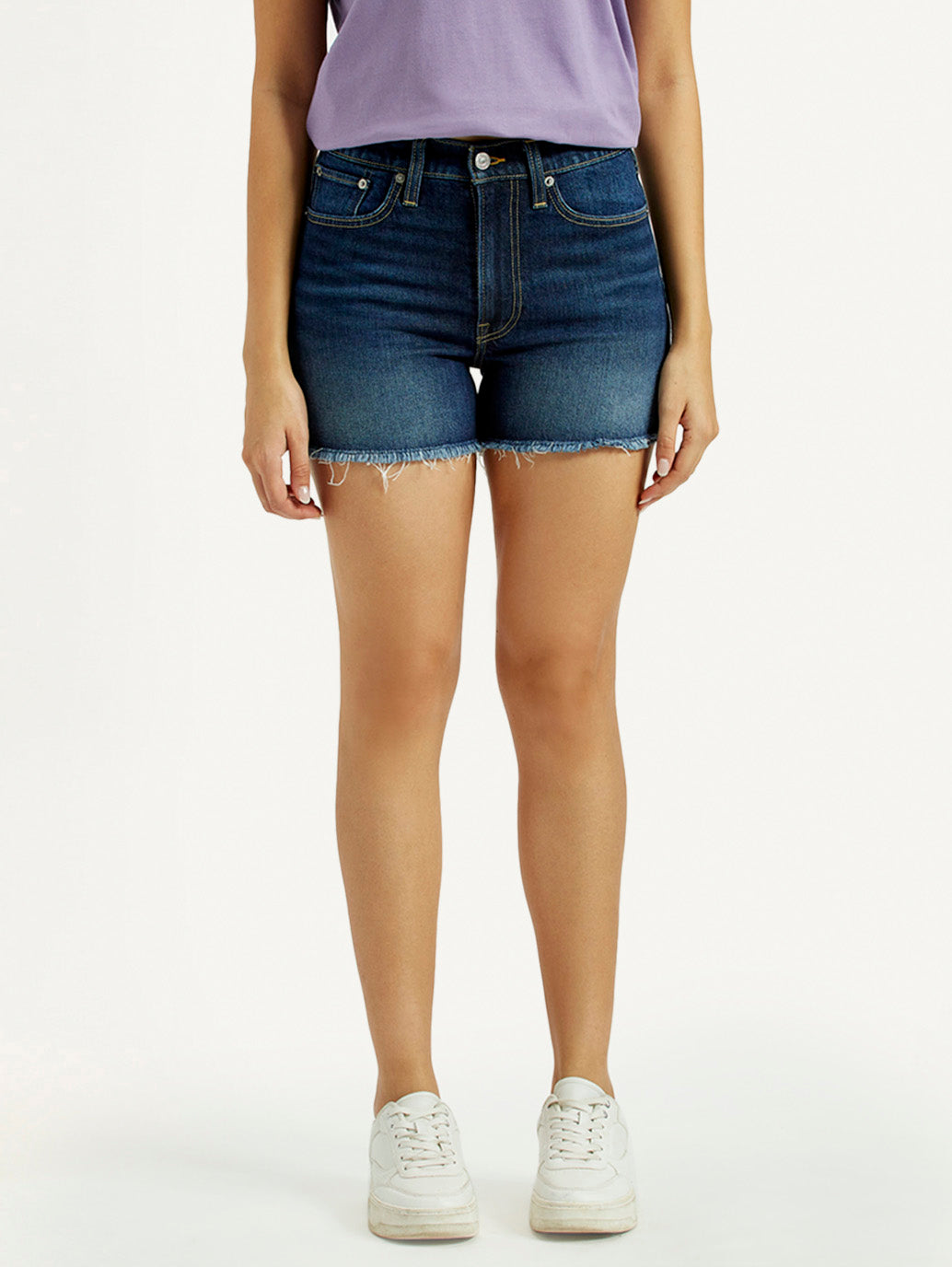 Women's Med Indigo Mid Rise Denim Wedgie Shorts - Front View