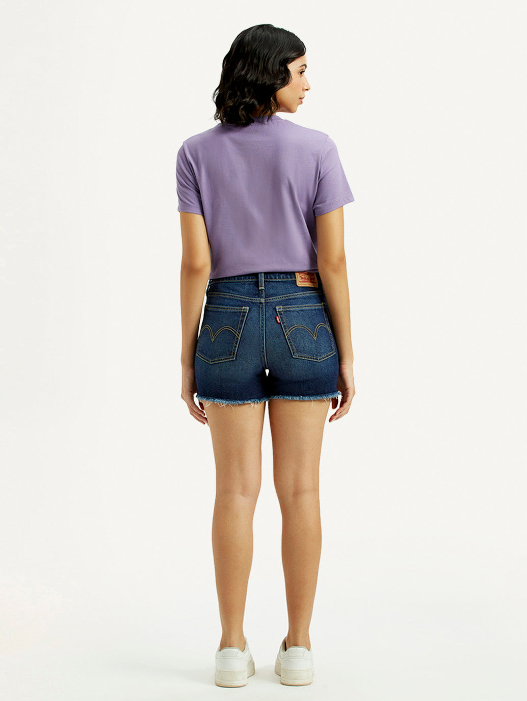 Women's Med Indigo Mid Rise Denim Wedgie Shorts - Back View