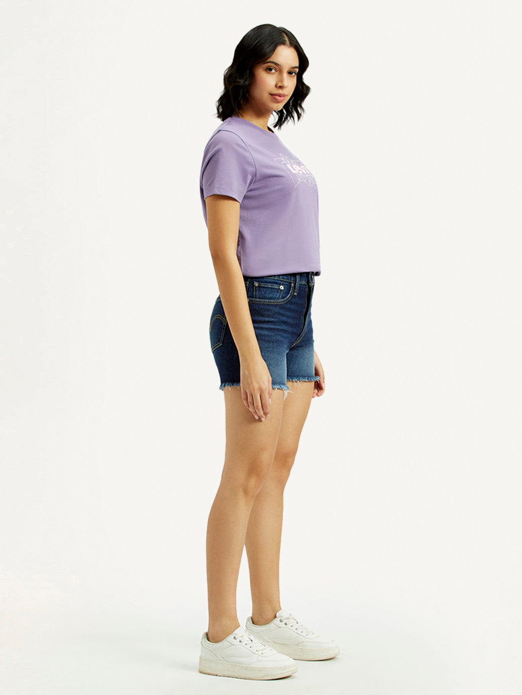 Women's Med Indigo Mid Rise Denim Wedgie Shorts - Side View