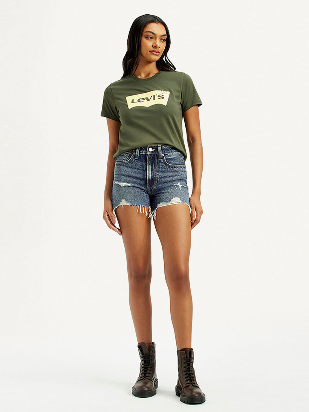 Women's Mid Indigo Wedgie Fit Mid Rise Shorts - Front View