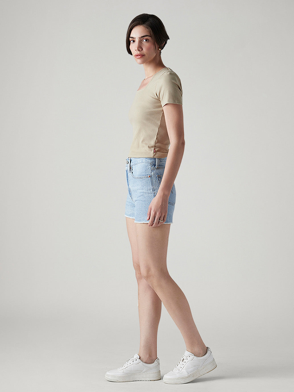 Women's Light Indigo Wedgie Fit Mid Rise Shorts - Side View