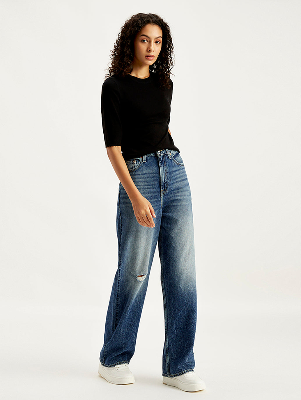 Women's High Rise Loose Fit Blue Jeans