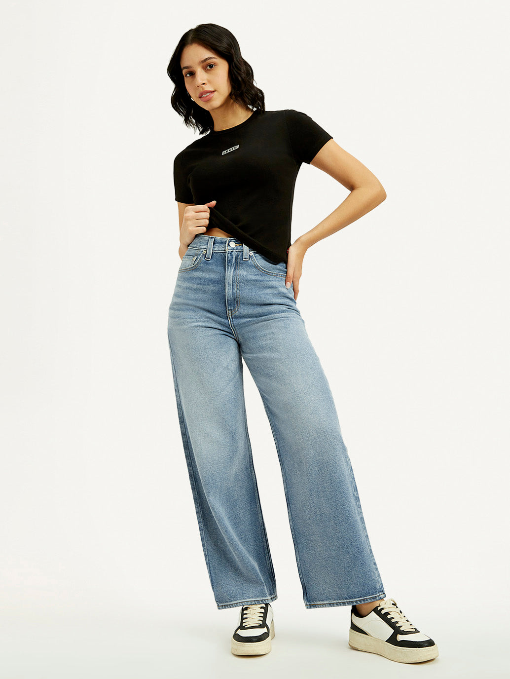 Women's Light Indigo Loose Fit High Rise Jeans - Elevated View