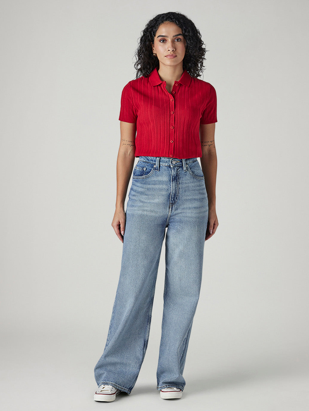 Women's Light Indigo Loose Fit High Rise Jeans - Front View