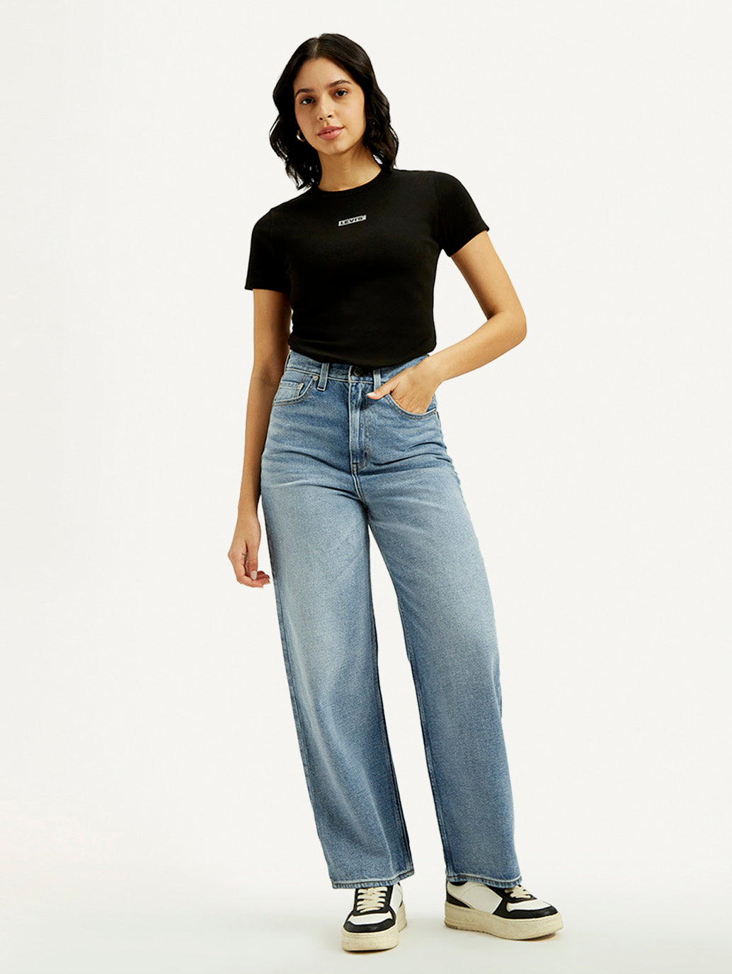 Women's Light Indigo Loose Fit High Rise Jeans - Styleshot View