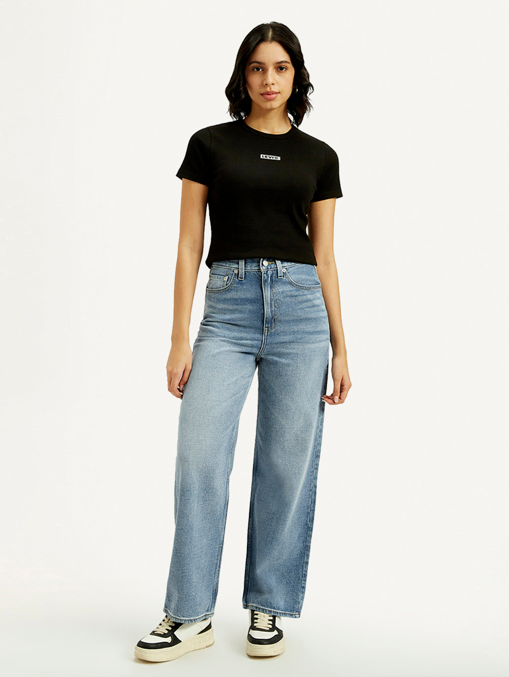 Women's Light Indigo Loose Fit High Rise Jeans - Front View