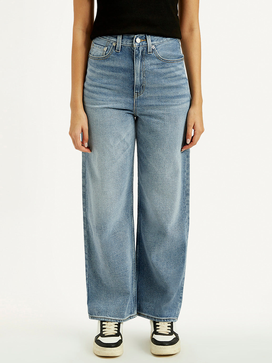 Women's Light Indigo Loose Fit High Rise Jeans - Front View