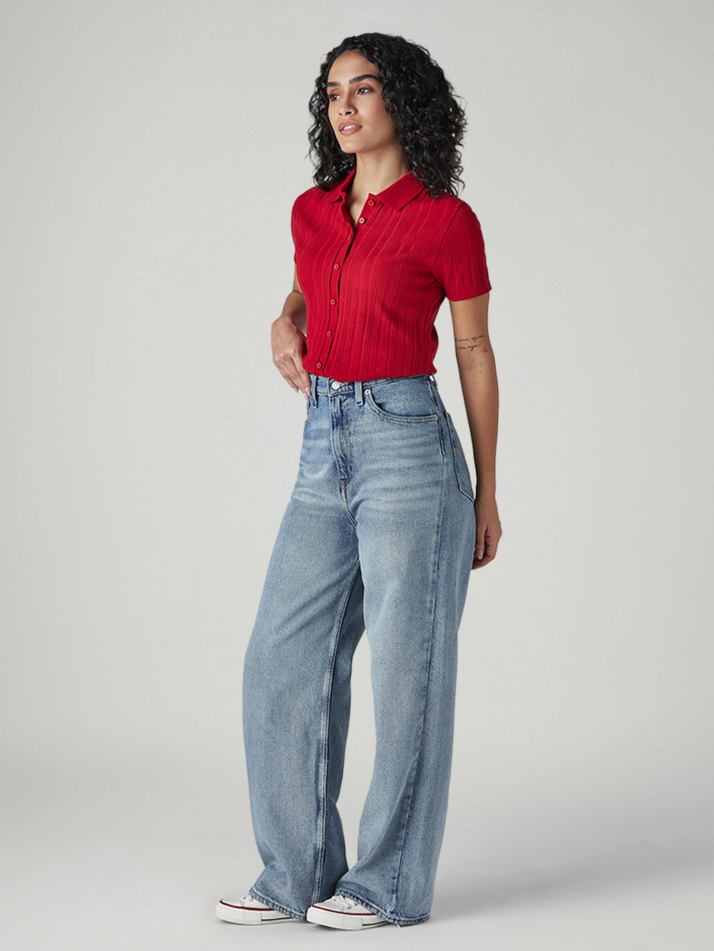 Women's Light Indigo Loose Fit High Rise Jeans - Side View