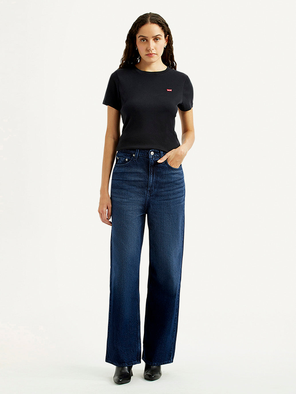Women's Navy Loose Fit High Rise Jeans - Front View