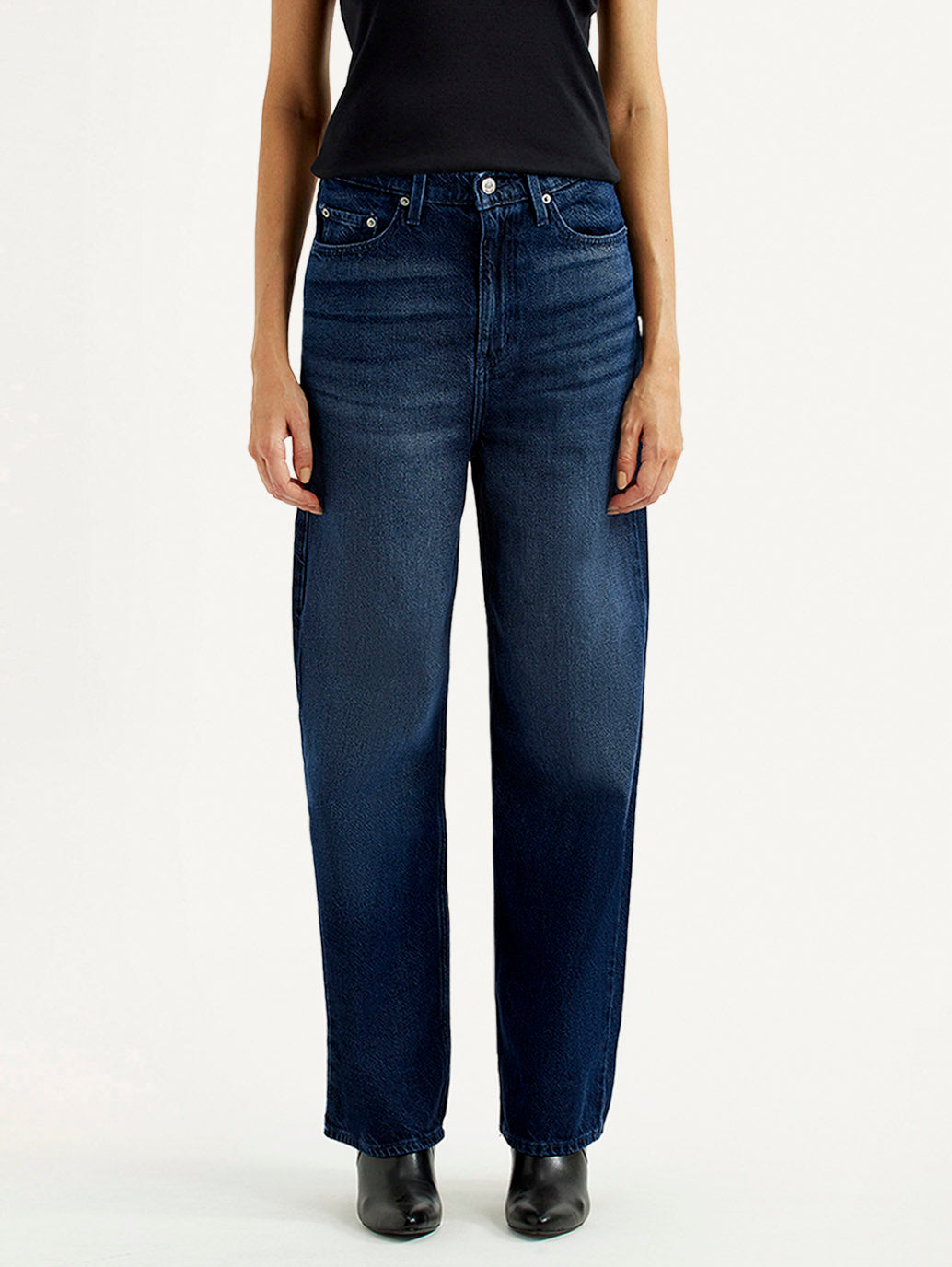 Women's Navy Loose Fit High Rise Jeans - Front View