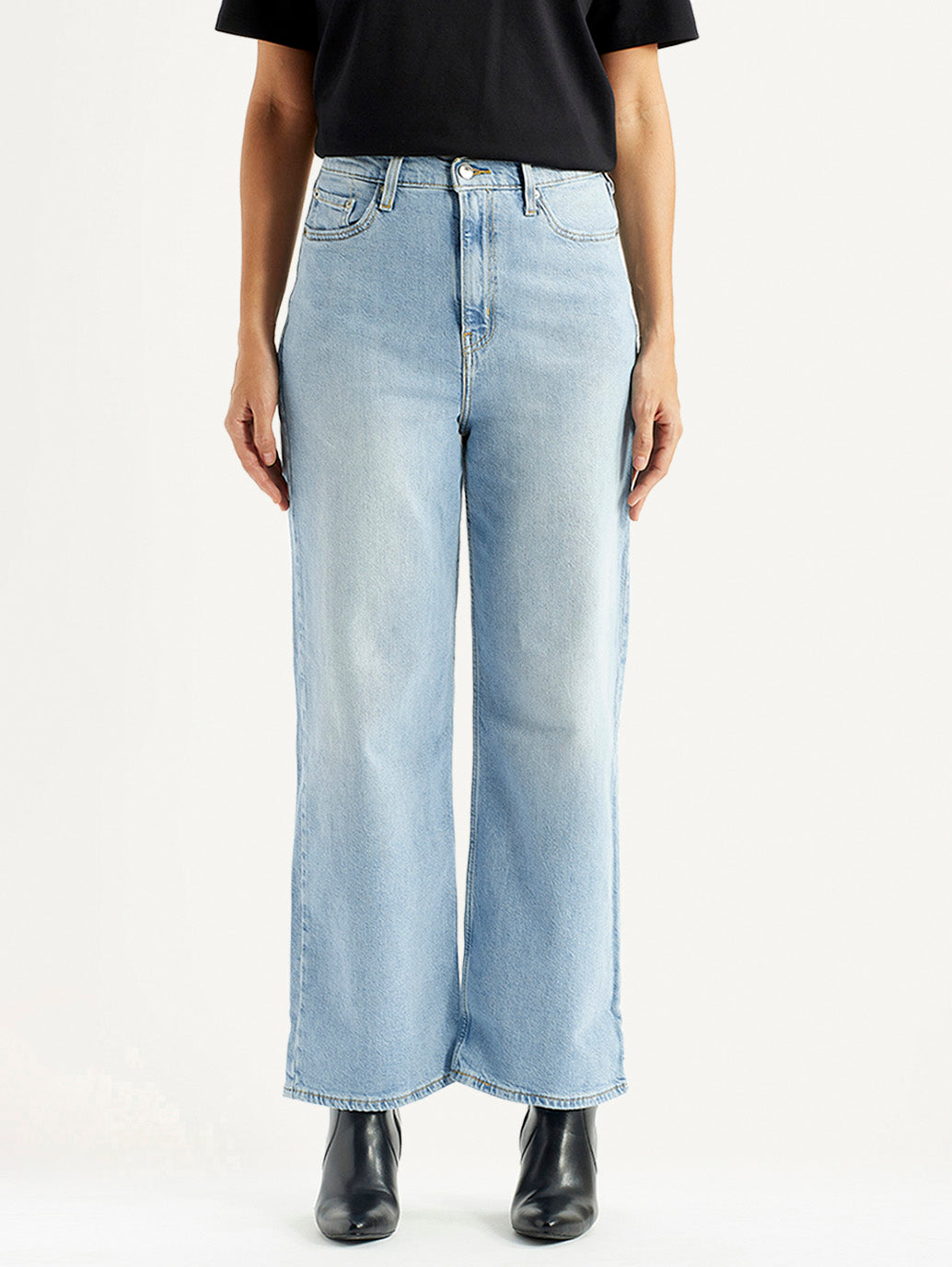 Women's Light Blue Wide Leg Fit High Rise Jeans - Front View