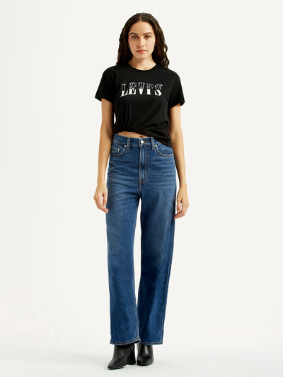 Women's Dark Blue Loose Fit High Rise Jeans-image-44