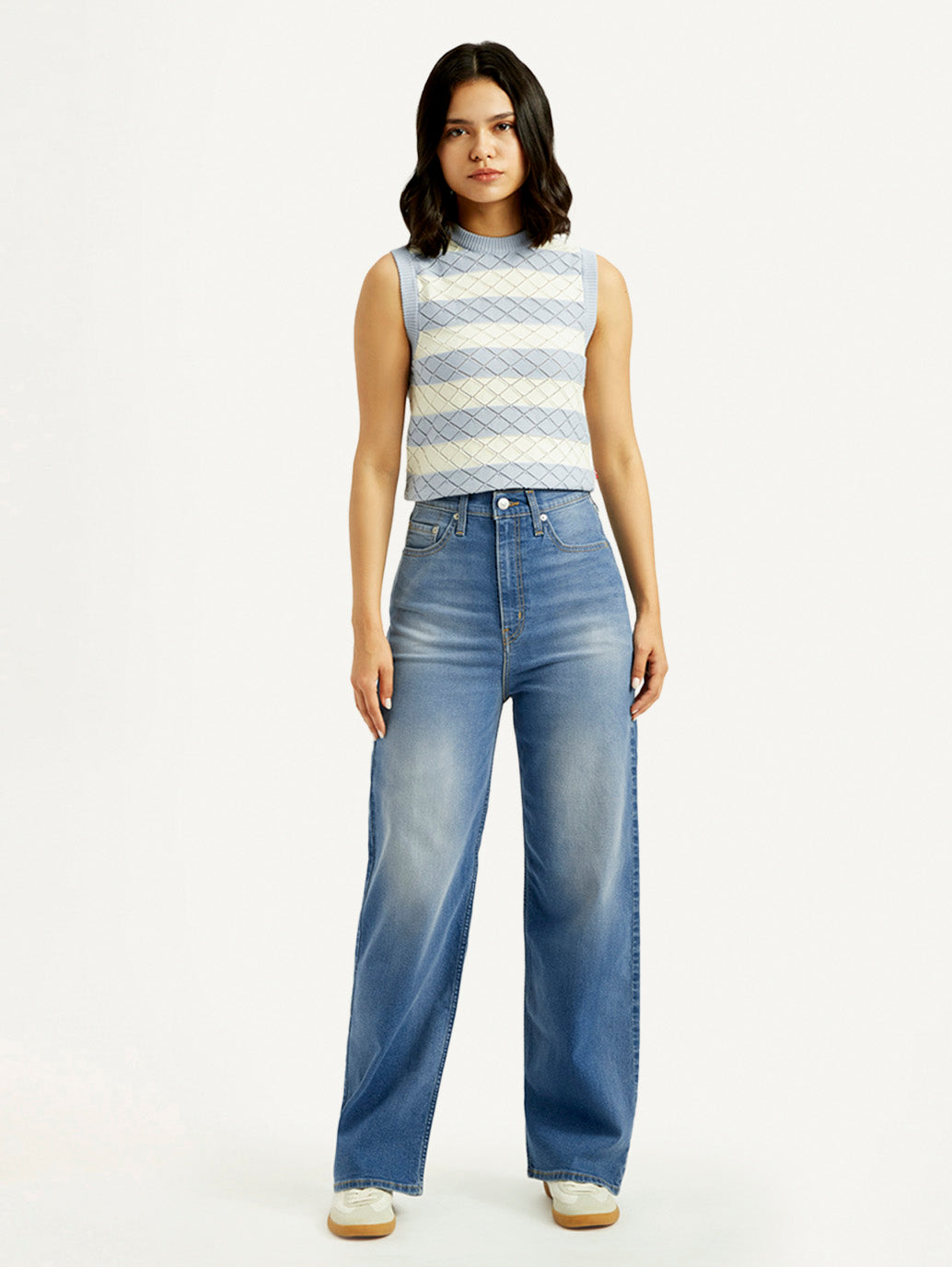 Women's Med Indigo Loose Fit High Rise Jeans