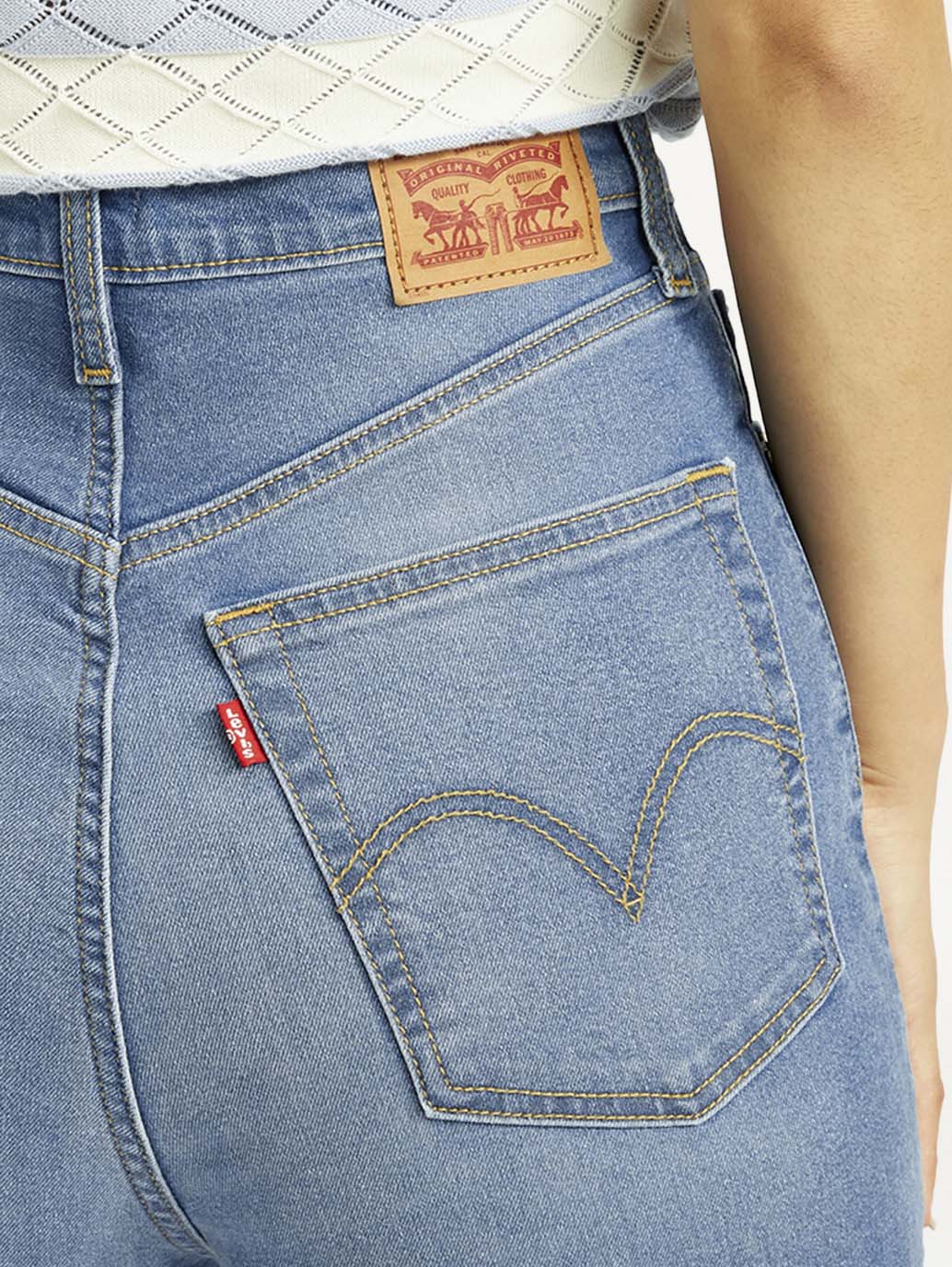 Women's Med Indigo Loose Fit High Rise Jeans - Detail View