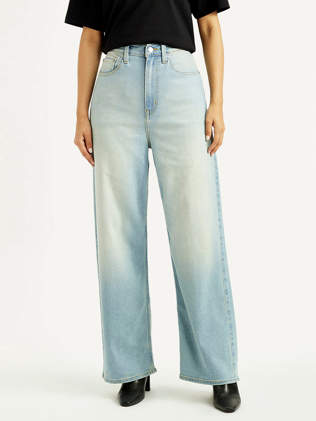 Women's Blue Loose Fit High Rise Jeans - Front View