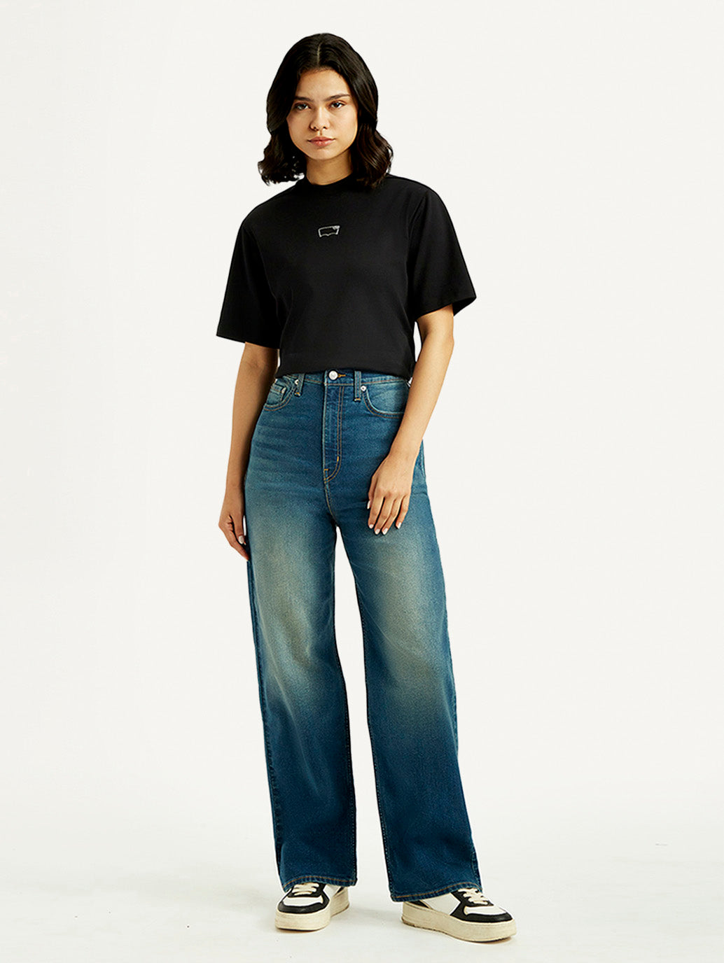 Women's Tinted Med Indigo Loose Fit High Rise Jeans - Front View