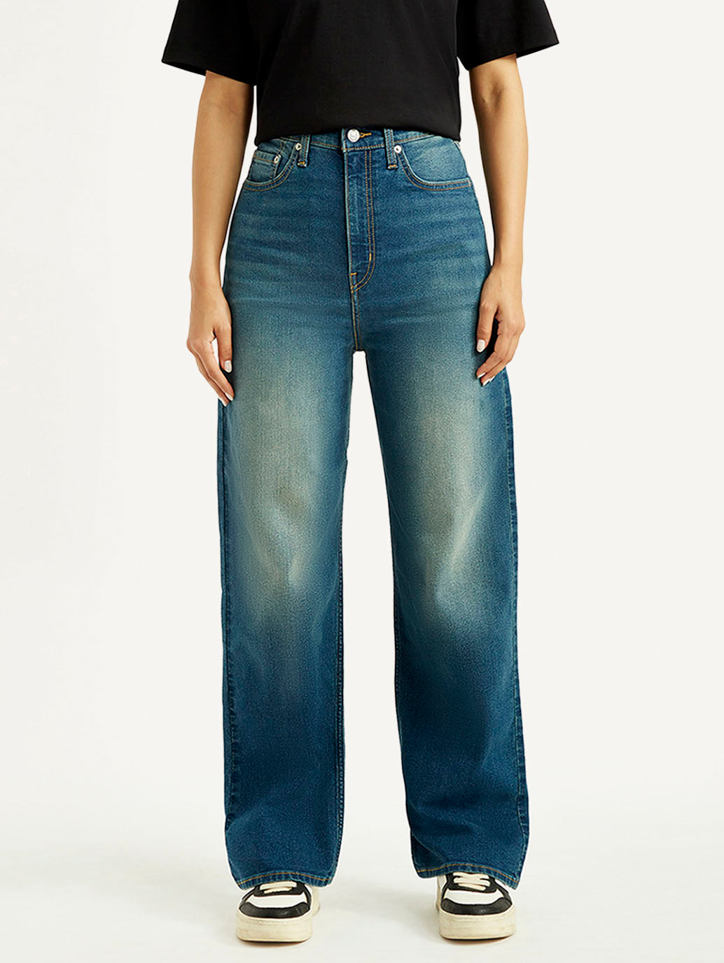 Women's Tinted Med Indigo Loose Fit High Rise Jeans - Front View