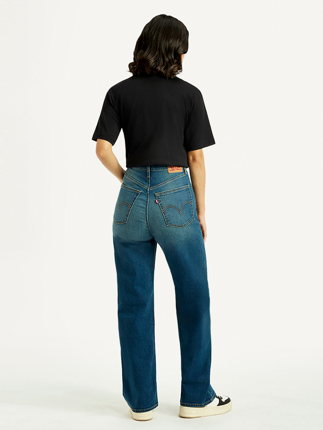 Women's Tinted Med Indigo Loose Fit High Rise Jeans - Back View