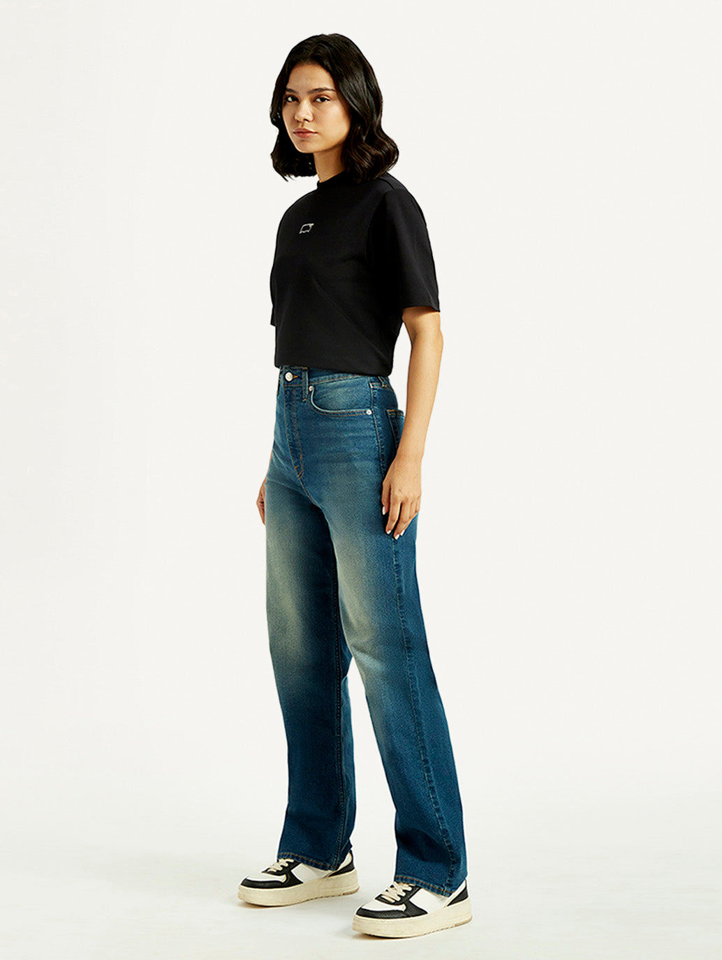 Women's Tinted Med Indigo Loose Fit High Rise Jeans - Side View