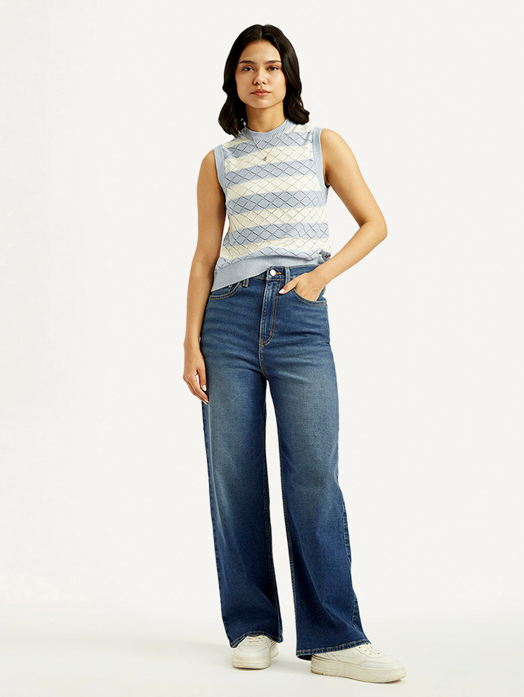 Women's Med Indigo Loose Fit High Rise Jeans