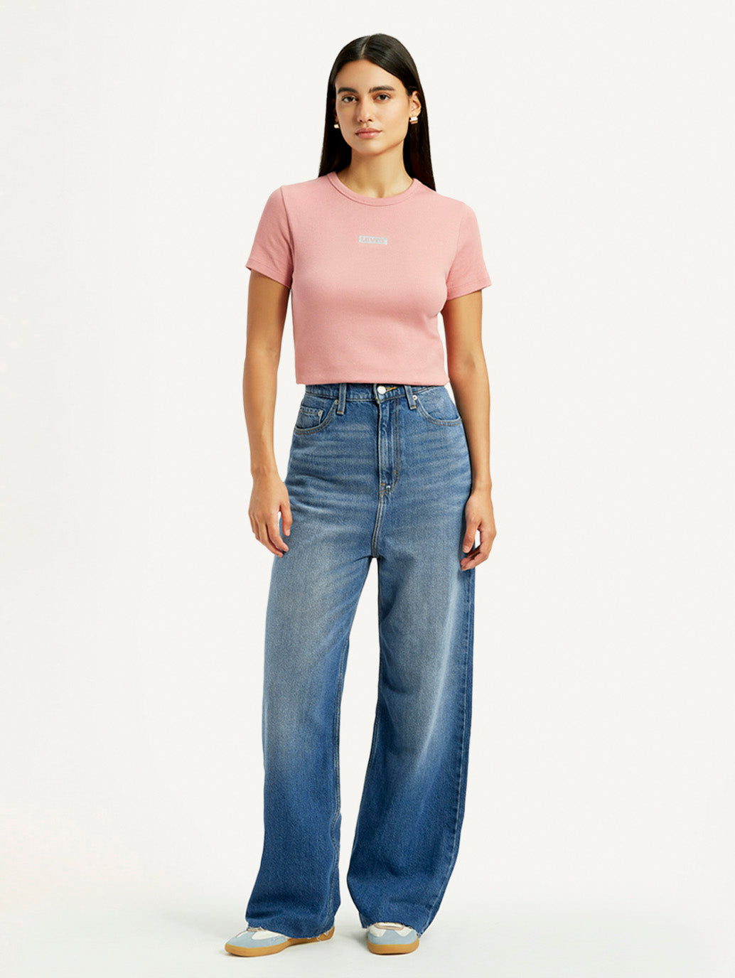 Women's Blue Loose Fit High Rise Jeans - Front View