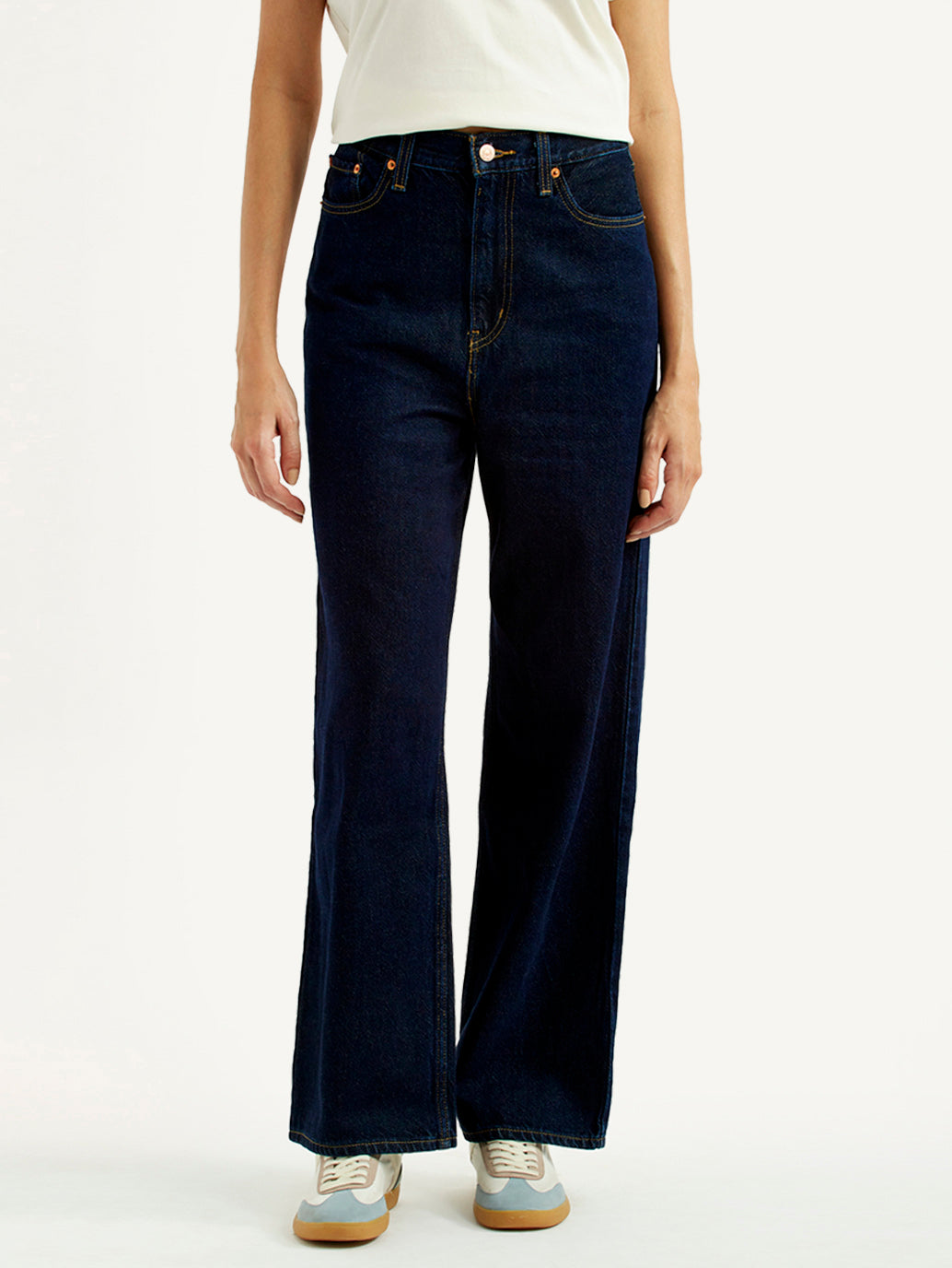 Women's Navy Loose Fit High Rise Jeans - Front View
