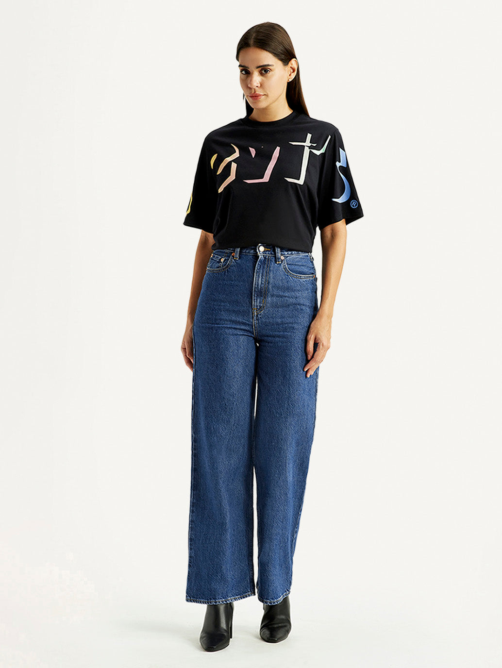 Women's Blue Loose Fit High Rise  Jeans - Front View