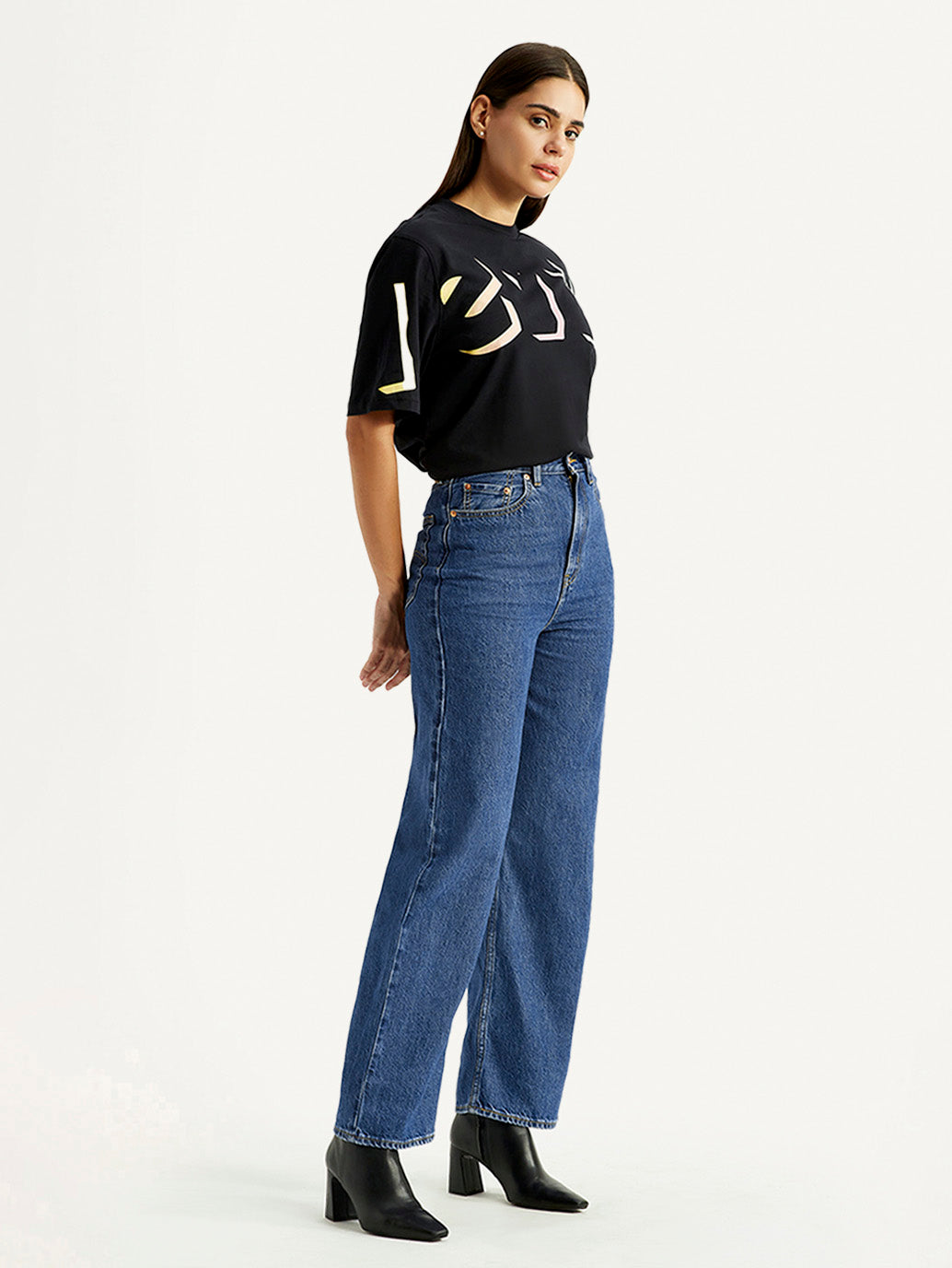 Women's Blue Loose Fit High Rise  Jeans - Side View