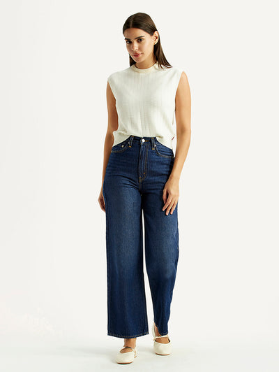 Women's Dark Blue Loose Fit High Rise Jeans-image-48