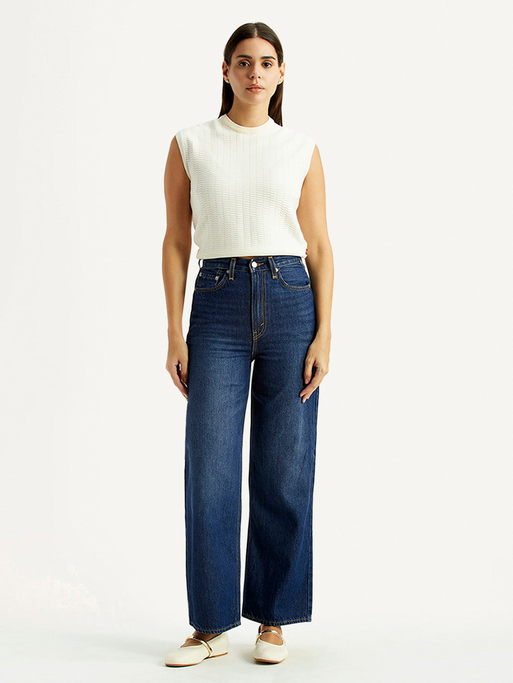 Women's Dark Blue Loose Fit High Rise Jeans - Front View