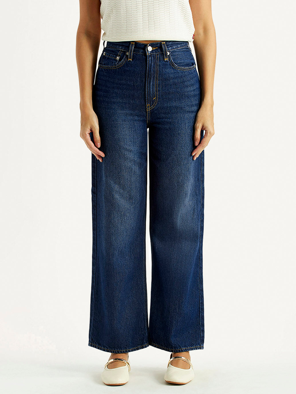 Women's Dark Blue Loose Fit High Rise Jeans - Front View