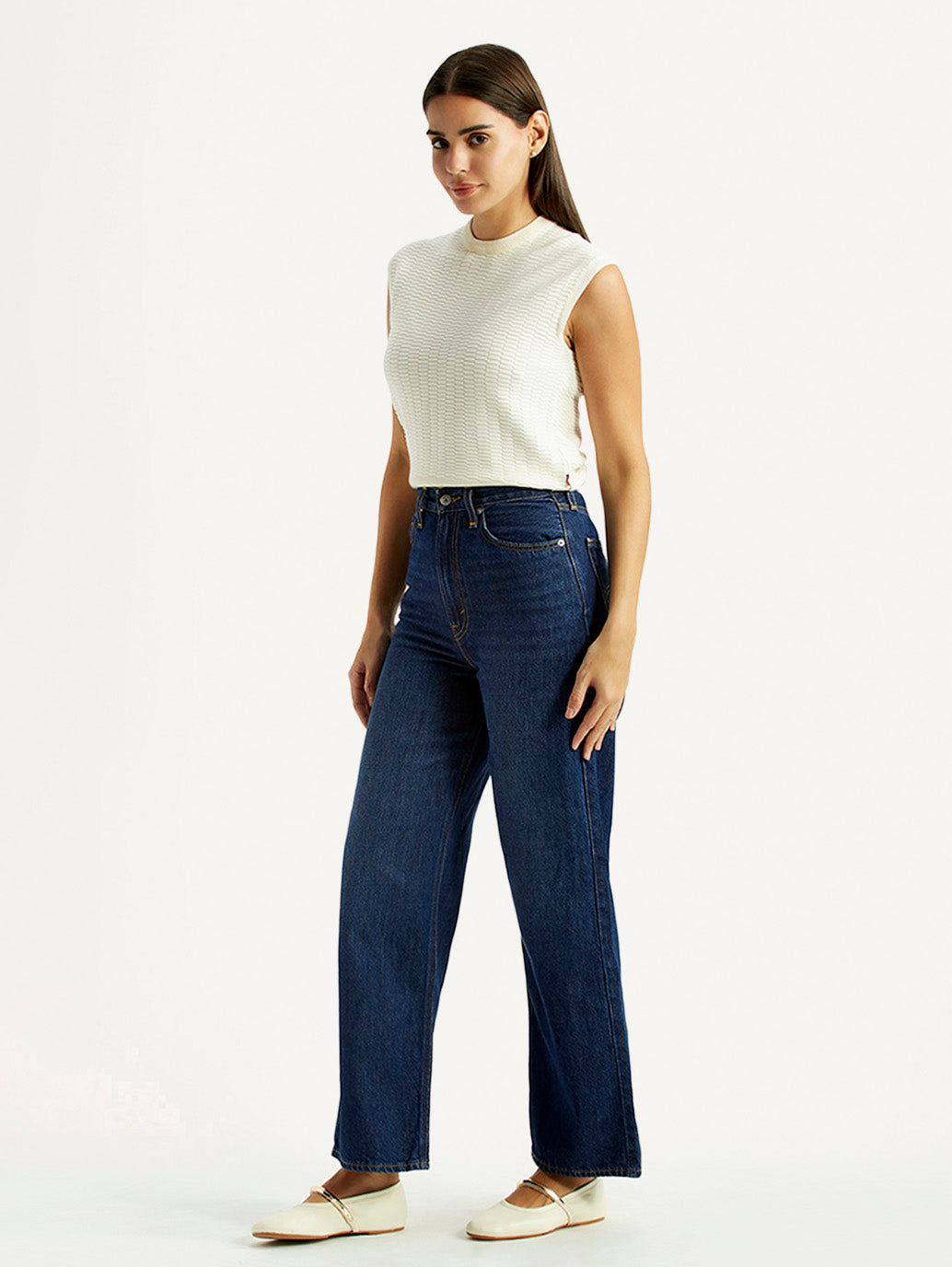 Women's Dark Blue Loose Fit High Rise Jeans - Side View