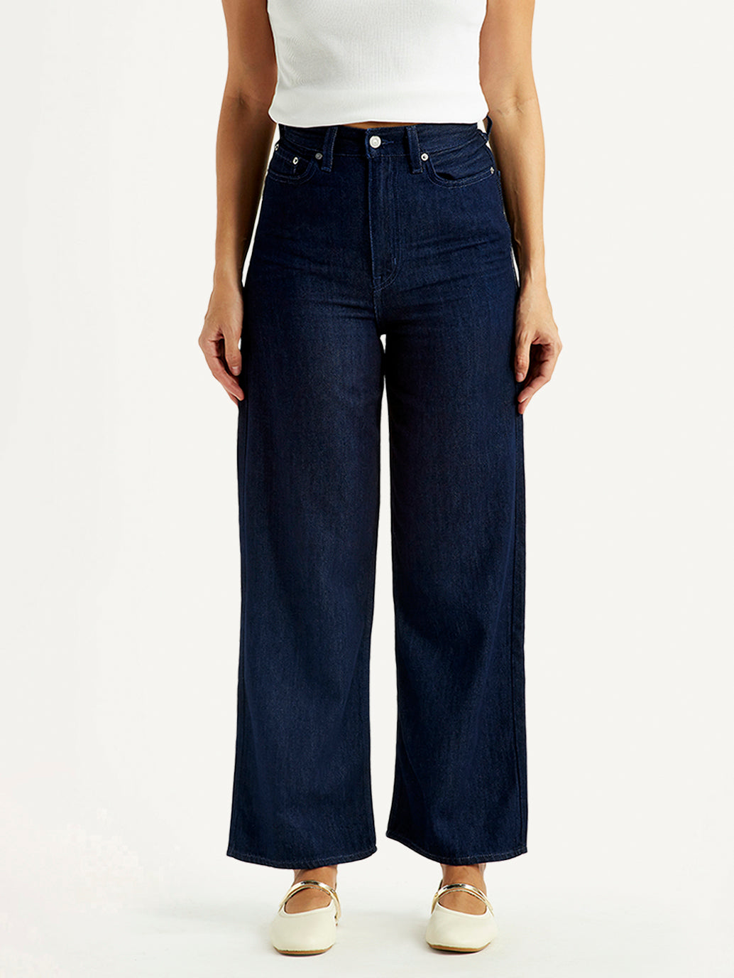 Women's Dark Blue Loose Fit High Rise Jeans - Front View