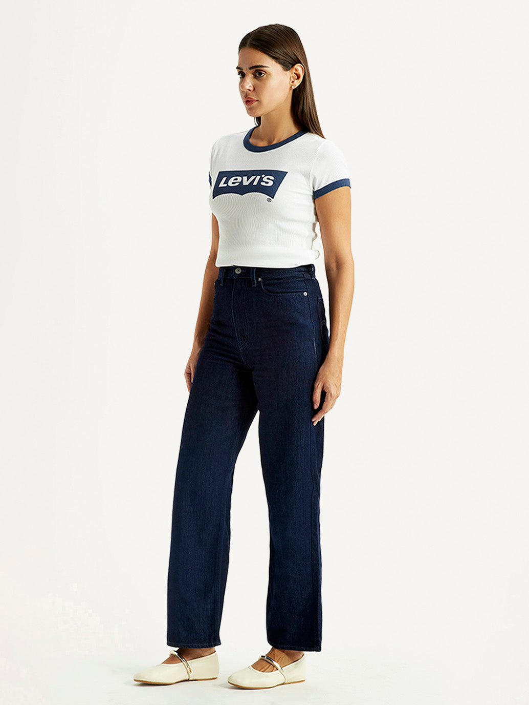 Women's Dark Blue Loose Fit High Rise Jeans - Side View