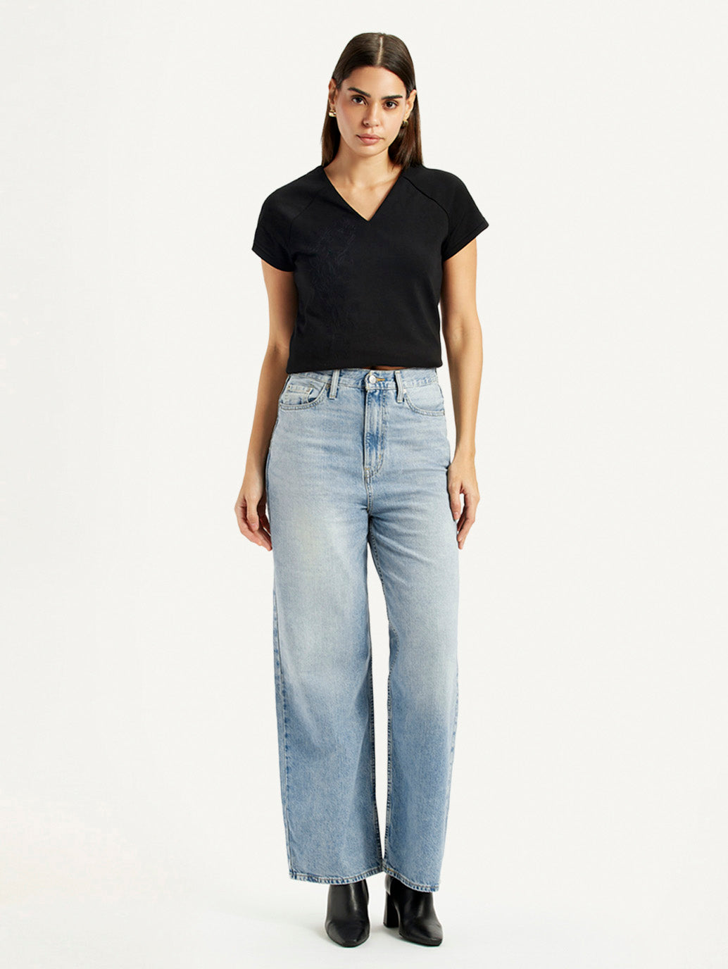 Women's High Rise Wide Leg Fit Light Blue Jeans - Front View