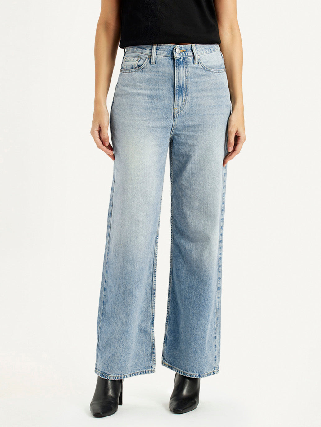 Women's High Rise Wide Leg Fit Light Blue Jeans - Front View