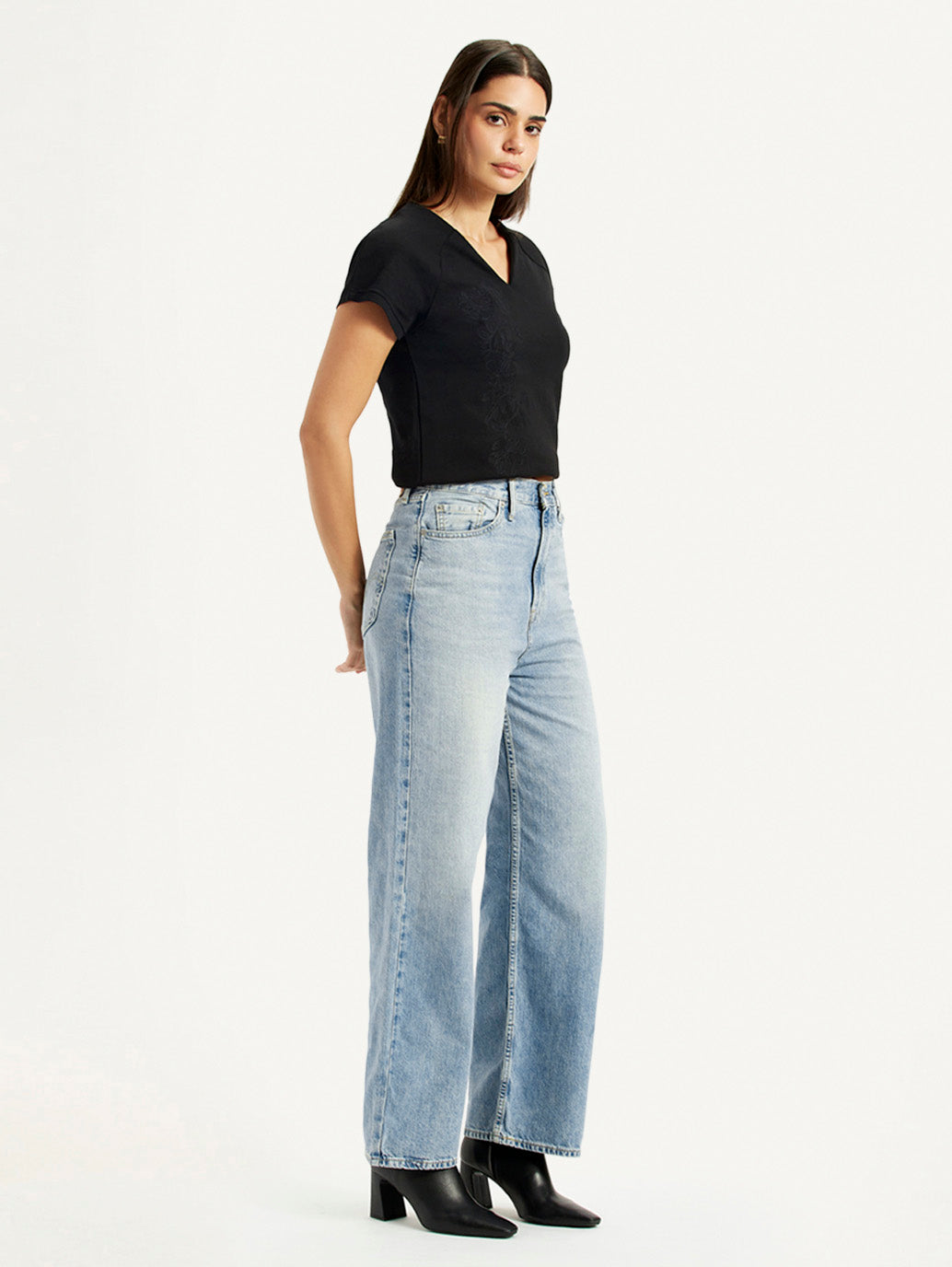 Women's High Rise Wide Leg Fit Light Blue Jeans - Side View