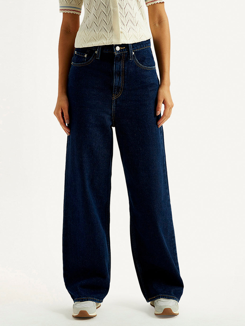 Women's Dark Blue Flared Fit Mid Rise Jeans - Front View