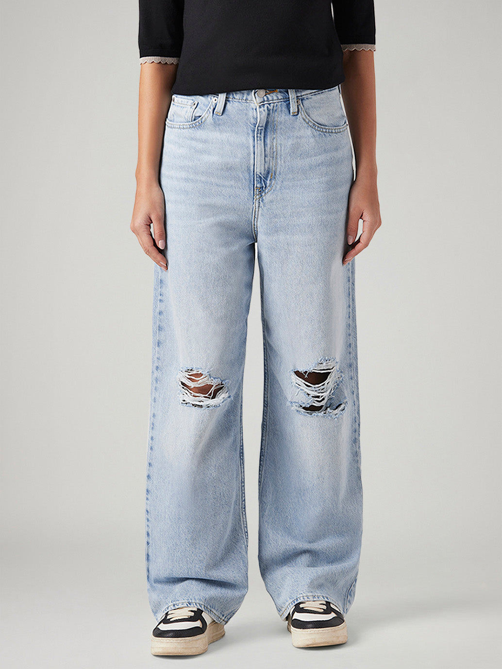 Women's Light Blue Loose Fit High Rise Jeans - Front View