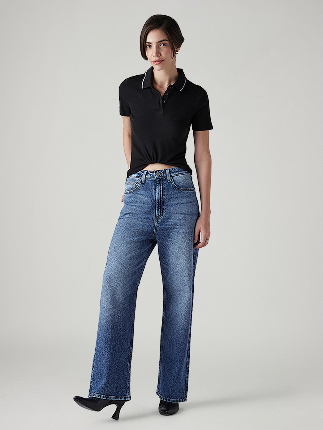 Women's Med Indigo Loose Fit High Rise Jeans - Styleshot View