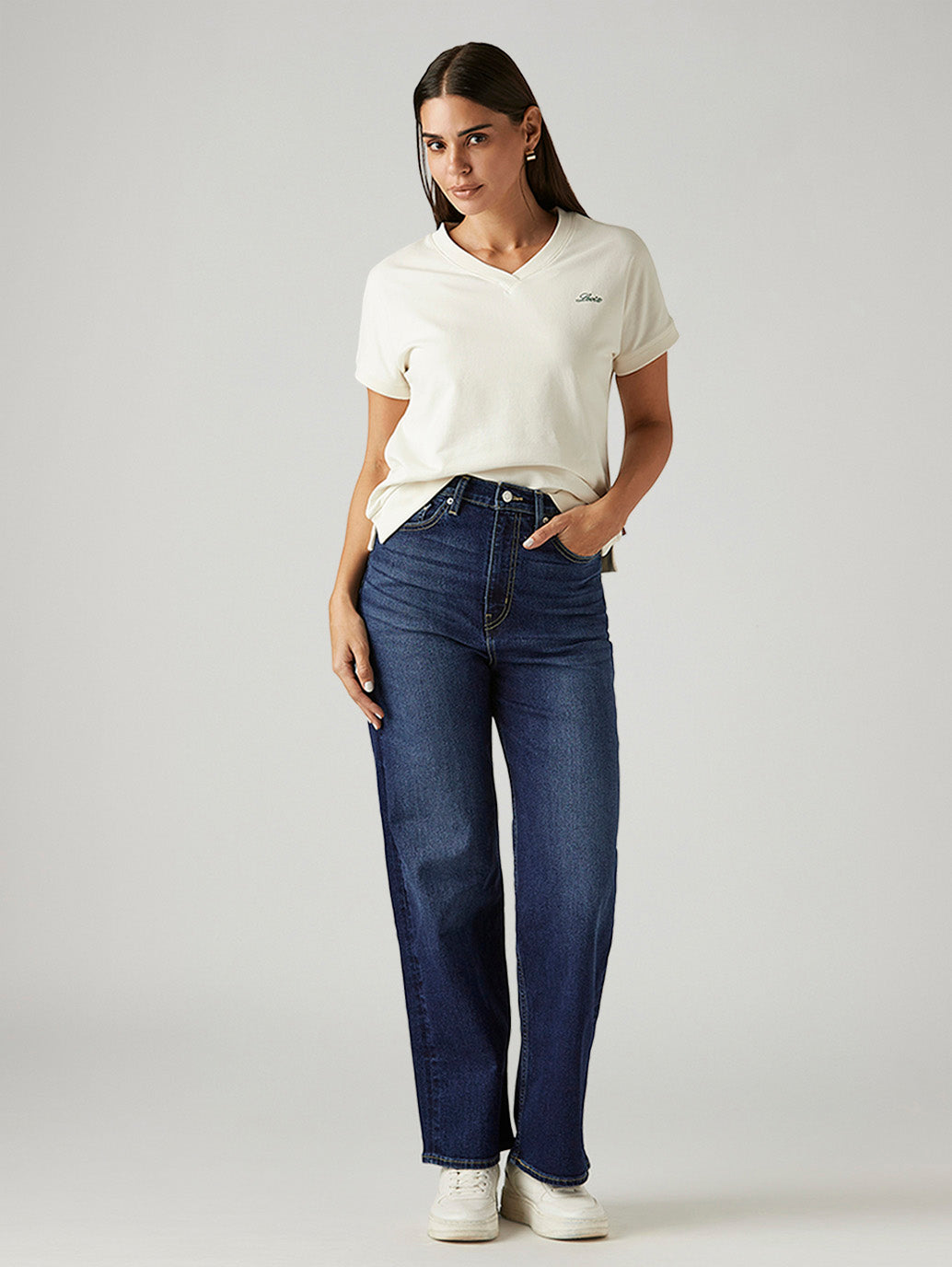 Women's Dark Blue Loose Fit High Rise Jeans - Styleshot View